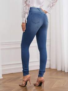 SHEIN Tall 女款修身水洗牛仔褲，適合高個女性 - 深色水洗藍 - 查看 2