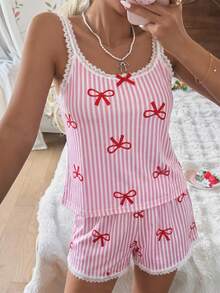 CottageSlumber Pink Pajamas Women's Pink & White Striped Bow Fine Ribbed Silk Lace Cami Short Sleeve Set - Pink - View 7