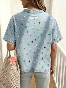 EMERY ROSE Kaos Wanita Lengan Pendek Kerah Bulat Motif Berlian Imitasi Warna-warni, Cocok untuk Belanja Sehari-hari dan Kencan dengan Sahabat, Potongan Slim Fit untuk Gaya Kasual Musim Panas - MultiWarna - View 2