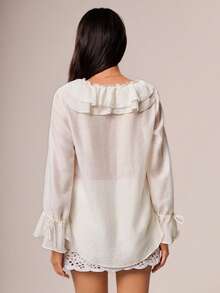 Willow Rêve 女款米白色浪漫荷葉邊綁帶襯衫，度假風，情人節，波希米亞風，適合約會早午餐、野餐、秋季 - 杏色 - 查看 4