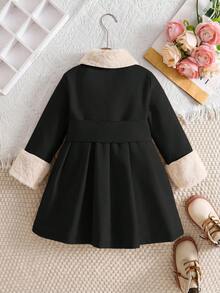 SHEIN Emery Rose Kids 女童秋冬百搭時尚羊毛拼接毛絨領中長版繫帶大衣，保暖內裡羊毛外套，秋冬外套 - 黑色 - 查看 3