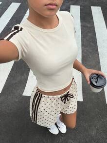 SHEIN Tween女孩休閒拼色粉色織帶棕色針織短褲套裝，夏季兩件式休閒運動套裝，棕色短褲套裝夏季度假 - 彩色 - 查看 9