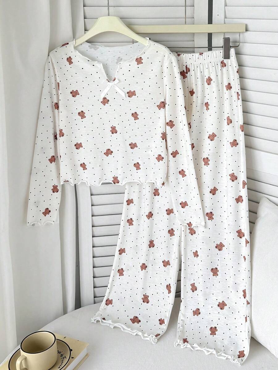 SHEIN 青少年女孩櫻桃圖案V領長袖上衣與長褲睡衣套裝 - 白色 - 查看 1