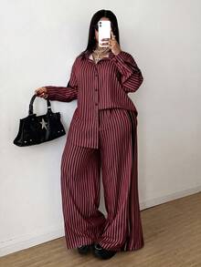 Maweii 女款2件套秋冬條紋通勤簡約寬鬆休閒印花大尺碼襯衫與長褲 - 中紫紅色 - 查看 1