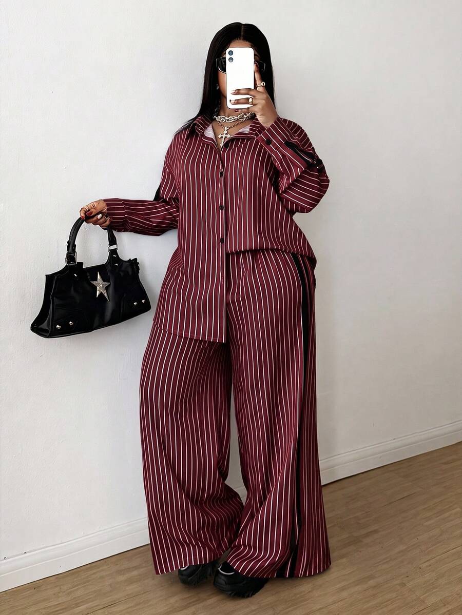 Maweii 女款2件套秋冬條紋通勤簡約寬鬆休閒印花大尺碼襯衫與長褲 - 中紫紅色 - 查看 1