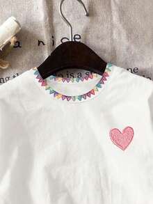 Elladie kids (1 Pc) Girls' Fresh Minimalist Collar Colorful Line Wavy Stripe Heart Pattern Basic Short T-Shirt, Comfortable Daily Wear - Multicolor - View 6