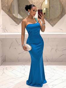 Slaydiva Women's Royal Blue Satin Maxi Dress, Halter Neck Sleeveless Bodycon Floor Length, Beach Cocktail Dinner Wedding Guest Party Sexy Elegant Summer - Blue - View 7