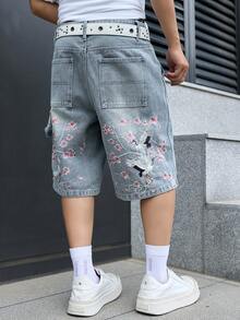Manfinity EMRG 男士街頭風休閒刺繡藍色牛仔短褲 - 淺色水洗藍 - 查看 5