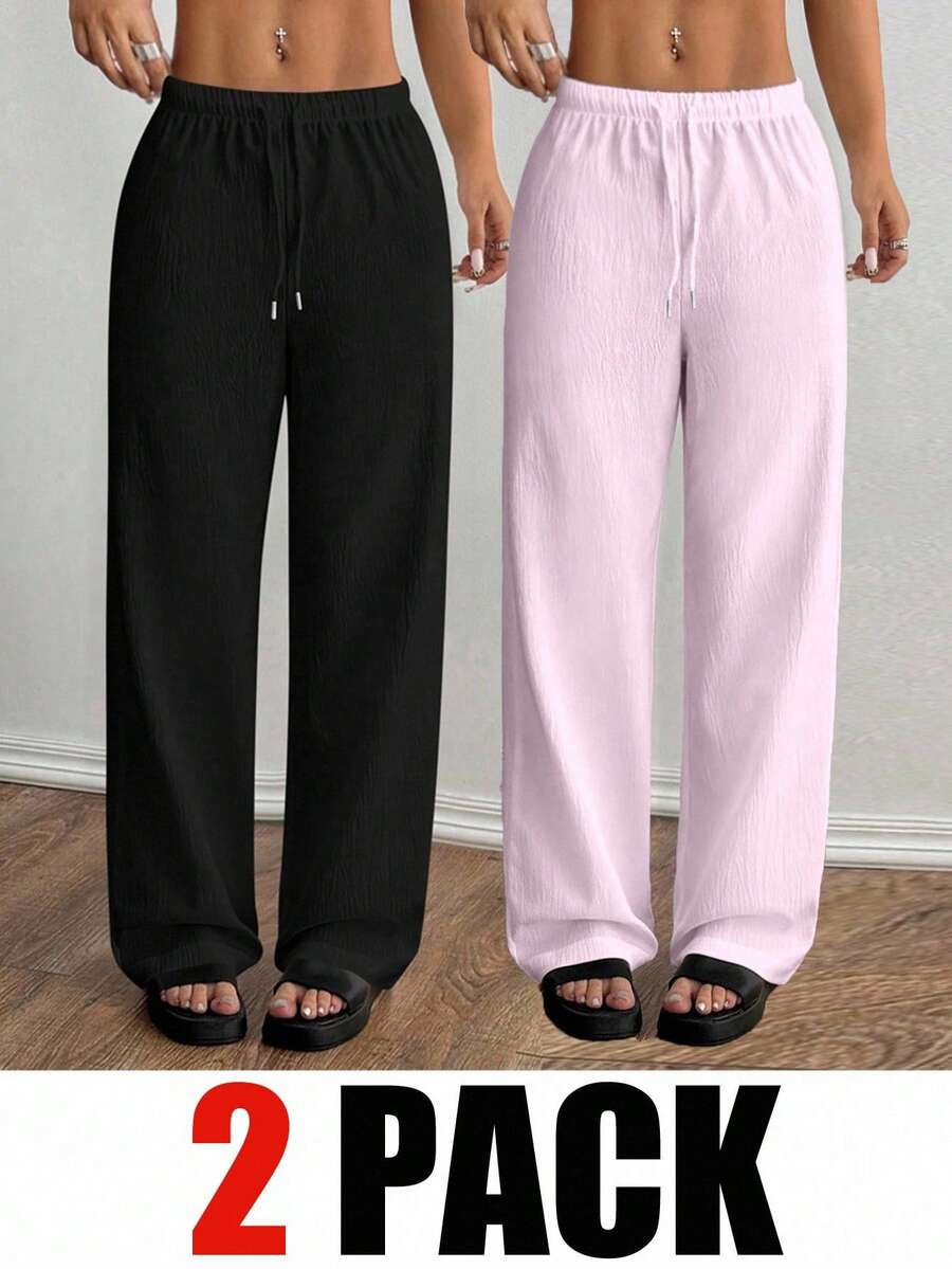SHEIN PETITE 女款黑白配色純色直筒長褲 2件套 - 粉色 - 查看 1