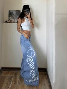 SHEIN PETITE 女款休閒百搭日常外出寬腿牛仔褲，附口袋鈕扣與字母圖案，適合嬌小女性 - 藍色 - 查看 3