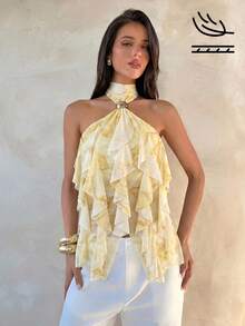 Aloruh Women's Elegant Multi-Layer Ruffle Trim Stand Collar Fitted Tank Top,Summer Top - Pale Yellow - View 1