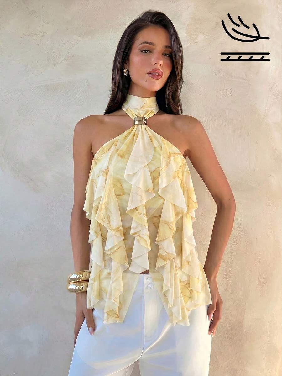 Aloruh Women's Elegant Multi-Layer Ruffle Trim Stand Collar Fitted Tank Top,Summer Top - Pale Yellow - View 1
