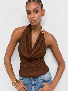 Maija Women's Summer Sexy Elegant Solid Color Cowl Neck Backless Halter Top, Off The Shoulder Top, Going Out Date Night Night Out Outfits Coffee Brown - Brown - View 8