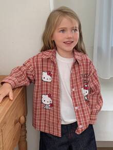 HELLO KITTY | DAZY Turn-Down Collar Plaid KT Cat Pattern Long Sleeve Autumn Blouse For Young Girls' - Red - View 5