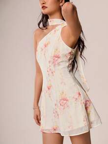 Willow Rêve Women's Pink Floral Halter Neck Scarf One-Shoulder Mini Dress, Romantic Elegant Wedding Style, Boho Style, Summer Garden Party Brunch - Beige - View 8