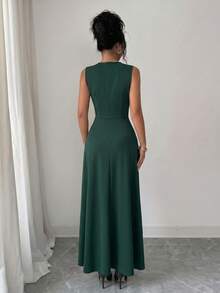 Balvessa Women's Sleeveless High Waist Long Dress Day Party Dark Green Summer Elegant - Dark Green - View 2