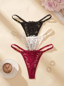 Snug Zone 3pcs/Set Women's Heart-Shaped Rhinestone Lace Thong Panties - Multicolor - View 2