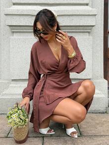 Serisse Women's Solid Color V-Neck Pleated Casual Daily Wear Dress,Fall/Winter ,Formal ,Business ,Chic ,Back To School,Christmas,New Year ,Going Out - Apricot - View 12