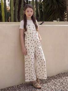 DAZY Ditsy Floral Sleeveless Straight Leg Pants For Tween Girls Denim Overalls And Jumpsuits Fall - White - View 5