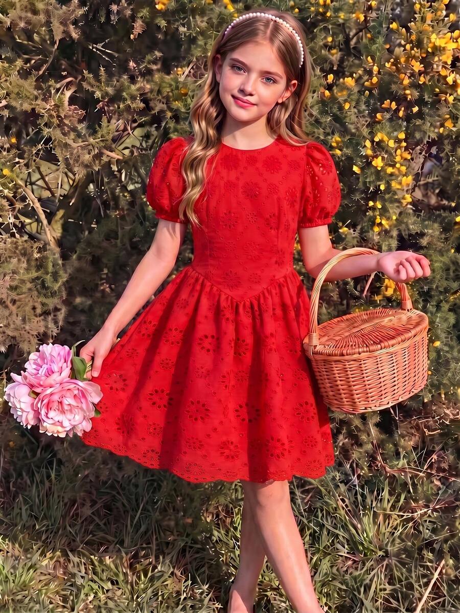 SHEIN 熱門優雅紅色泡泡袖A字裙，適合青少年女孩，春/夏，刺繡裝飾，優雅風格，適用於家庭聚會、節慶和日常外出 - 紅色 - 查看 1