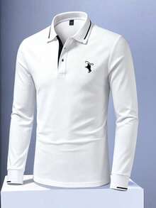 Manfinity Homme 男士騎士印花撞色休閒日常長袖 Polo 衫 - 白色 - 查看 4