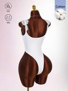 Amplova Solid Color Lace Trim Patchwork Cup Underwire Strap Short Sleeve Sexy Elegant Women's Bodysuit Night Out White Summer - White - View 8