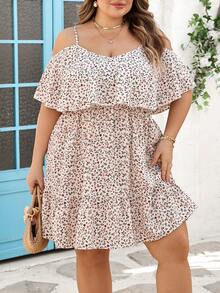 SHEIN CURVE+ 大尺碼 US22 音樂節海邊度假波西米亞風女款花卉露肩荷葉邊下擺洋裝，沙灘度假裙，波西米亞風夏季度假穿搭 - 杏色 - 查看 5