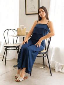 Andrea Bello 女款夏季休閒荷葉邊細肩帶上衣與寬鬆長褲兩件套居家服套裝，優雅風格 - 藏蓝色 - 查看 1