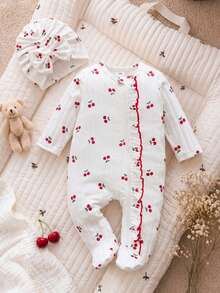 SHEIN Vintaside Kids 新生女嬰白色條紋甜美可愛鬆款前開拉鍊荷葉邊連身褲附腳套兩件套拍照裝 - 杏色 - 查看 2