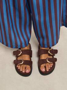 Nöista Modern Double Strap Sandals, Soft Brown Suede Effect, With Oversized Gold Buckle And Cushioned Insole - Coffee Brown - View 2