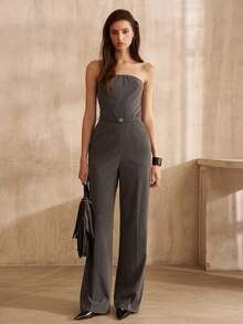MOTF PREMIUM MACACÃO CINZA LISTRADO SEM ALÇAS PARA MULHERES, ESTILO COMUTADOR DA MODA, OUTONO/INVERNO - Cinza - Visão 1