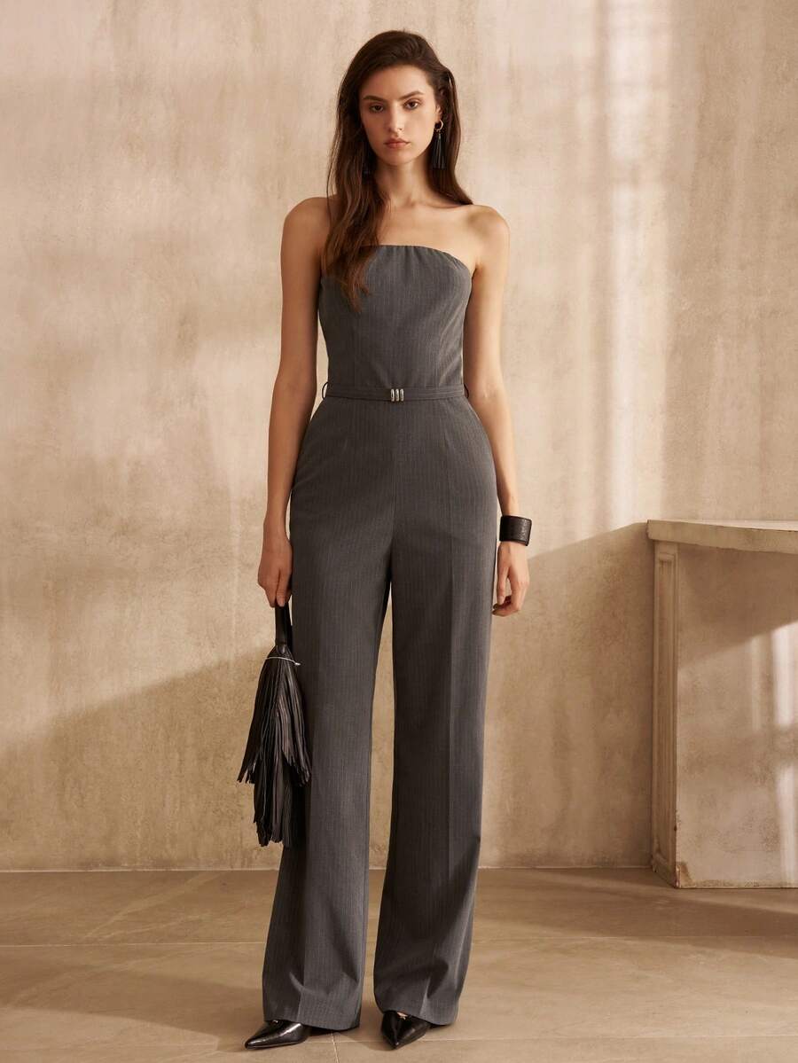 MOTF PREMIUM MACACÃO CINZA LISTRADO SEM ALÇAS PARA MULHERES, ESTILO COMUTADOR DA MODA, OUTONO/INVERNO - Cinza - Visão 1