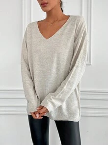 Cloudara Solid V Neck Drop Shoulder Sweater - Apricot - View 3