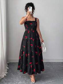 Elenzga Plus Size Women Cherry Print Ruffle Hem Cami Dress - Black - View 1