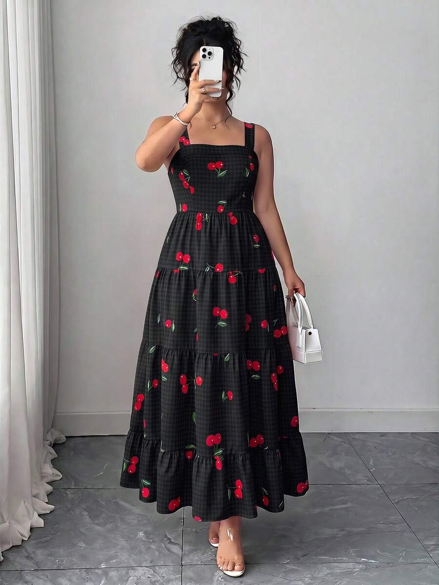 Elenzga Plus Size Women Cherry Print Ruffle Hem Cami Dress - Black - View 1