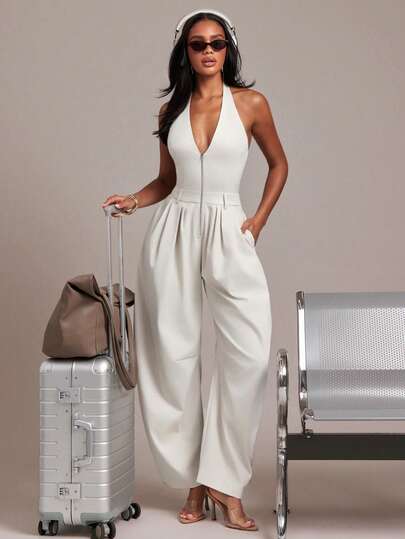 Hauture Women's Sexy Elegant Halter Zip Front Utility Jumpsuit, Perfect For Summer Vacation, Traveling, Going Out, Leisure Comfort, Office