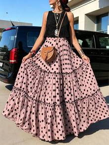 Breezaya French Vintage Pink & Black Polka Dot Layered Full Skirt, 3-Layer Large Panel Patchwork Design With Black Ruffle Trim And Pleated Edging On Each Layer, Voluminous Umbrella-Shaped Hemline For Dramatic Visual Effect, Plus Size Skirt - Pink - View 7