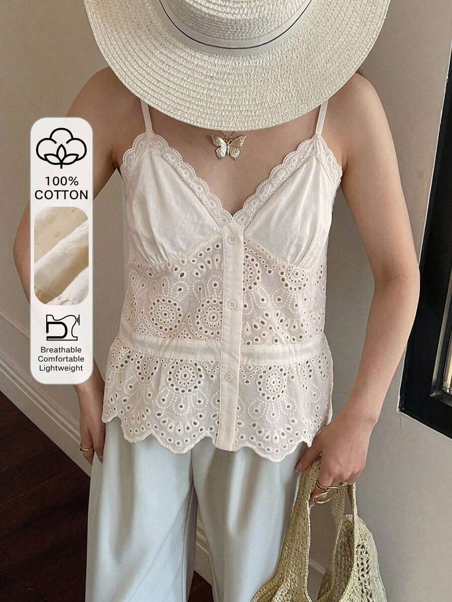 DAZY 女士拼接刺绣纹理面料灯笼袖翻领短款休闲夏季上衣 - 白色 - 查看 1