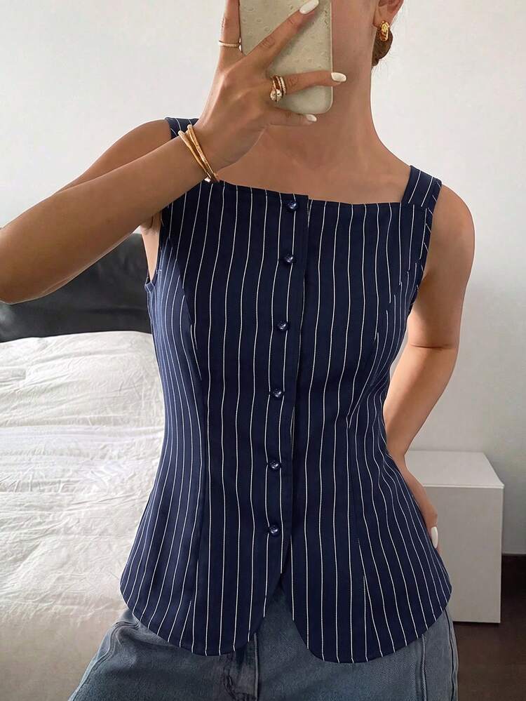 Siren Gaze Women's Navy Blue Casual French Preppy Elegant Versatile Daily Wear Office Top Brunch Summer Back-To-School Teachers' Day - Navy Blue - View 1