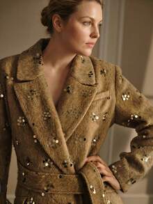 MOTF PREMIUM PLUS SIZE FASHIONABLE ELEGANT LAPEL COLLAR CHIC ELEGANT SEQUIN OVERCOAT - Yellow - View 2