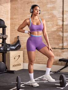 Powerista Women's Colorblock Trim Tank Top And Shorts Sports Set - Purple - View 6