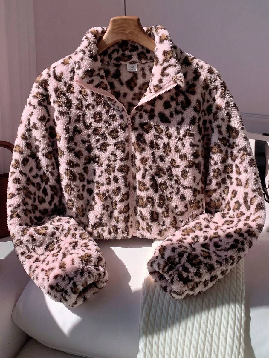 SHEIN 2件組女童甜酷風粉色豹紋夾克 開學季柔軟毛絨面料 蓬鬆全立領設計 配色拉鍊 - 粉色 - 查看 1
