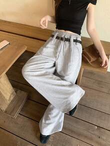 DAZY 女款休閒街頭風寬鬆抽繩腰寬腿褲，適合校園、夏季派對，灰色可愛上衣 - 灰色 - 查看 6