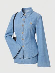 SHEIN MOD 女款刺繡喇叭袖單排扣牛仔襯衫 - 淺色水洗藍 - 查看 3