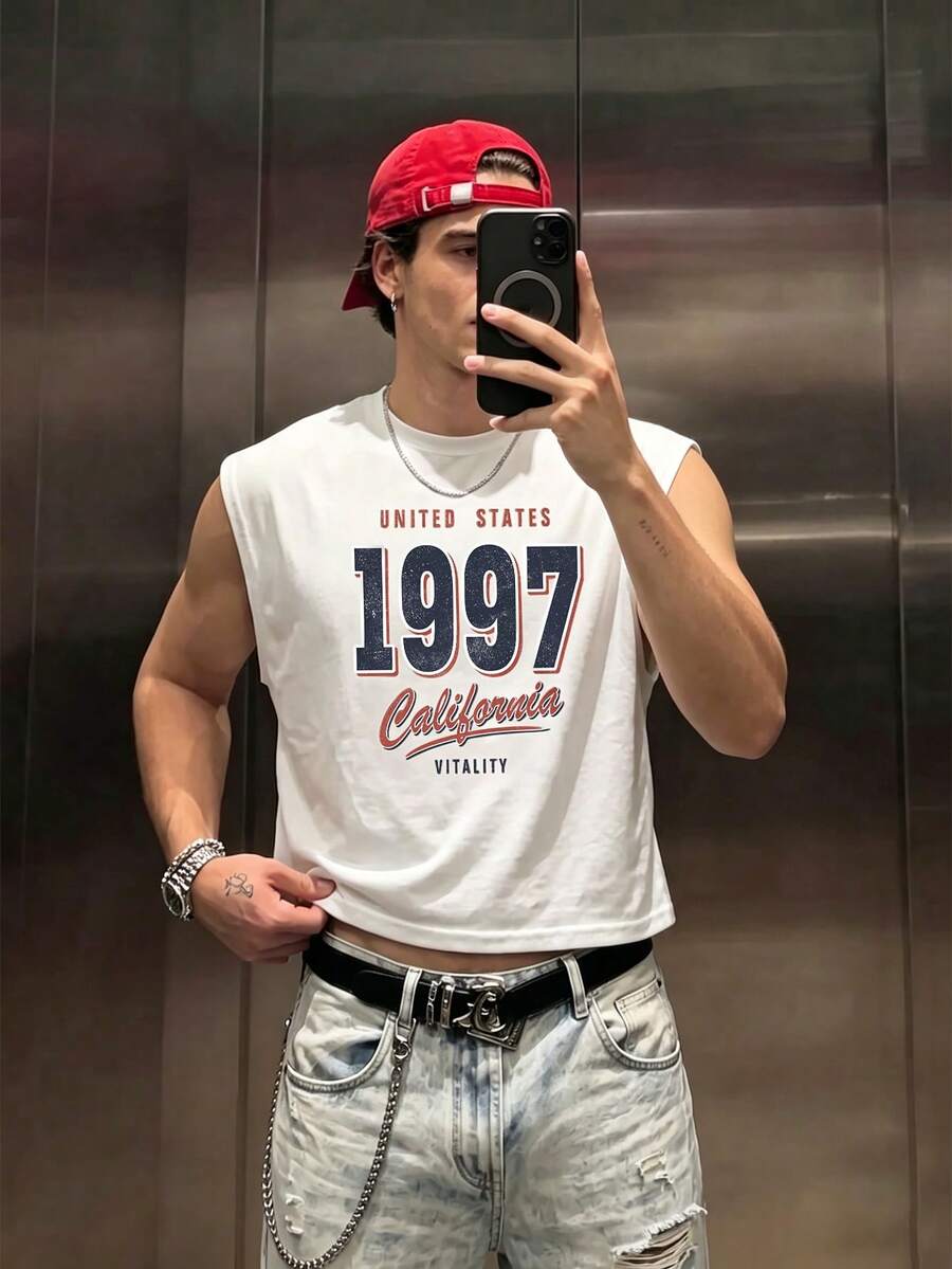 Resyla Men 男士休閒街頭風美式復古 1997 印花寬鬆短版圓領背心，夏季健身房穿搭，秋冬白色與海軍藍