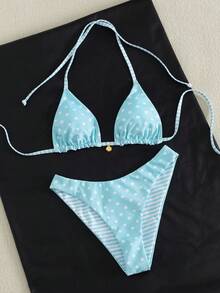 Swim Mod Women's Sweet Blue Polka Dot Reversible Bikini Set - Multicolor - View 4