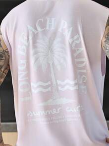 Devon Thys Tank Top Kasual Pria dengan Motif Pohon Kelapa dan Slogan - Berwarna merah muda - View 6
