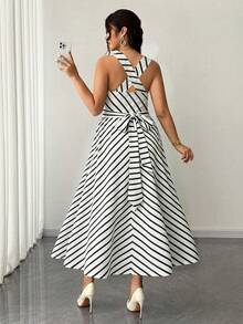 Elenzga Black And White Contrasting Striped Square Neck Knitted Waist Strap Elegant Party Daily Dress - Black and White - View 2