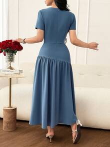 Feyla Gaun Liburan Wanita Lengan Pendek Berlipit dengan Detail Rhinestone - Biru - View 6