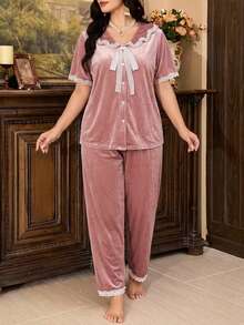 PalaceNights Autumn/Winter Velvet Lace Patchwork Plus Size 2 Pieces Pajama Set - Pink - View 5